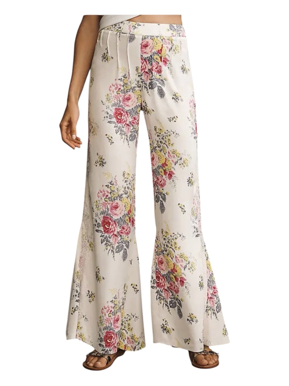 Anthropologie Cottagecore  Cream Floral satin Flare Leg Lace Trim Pants